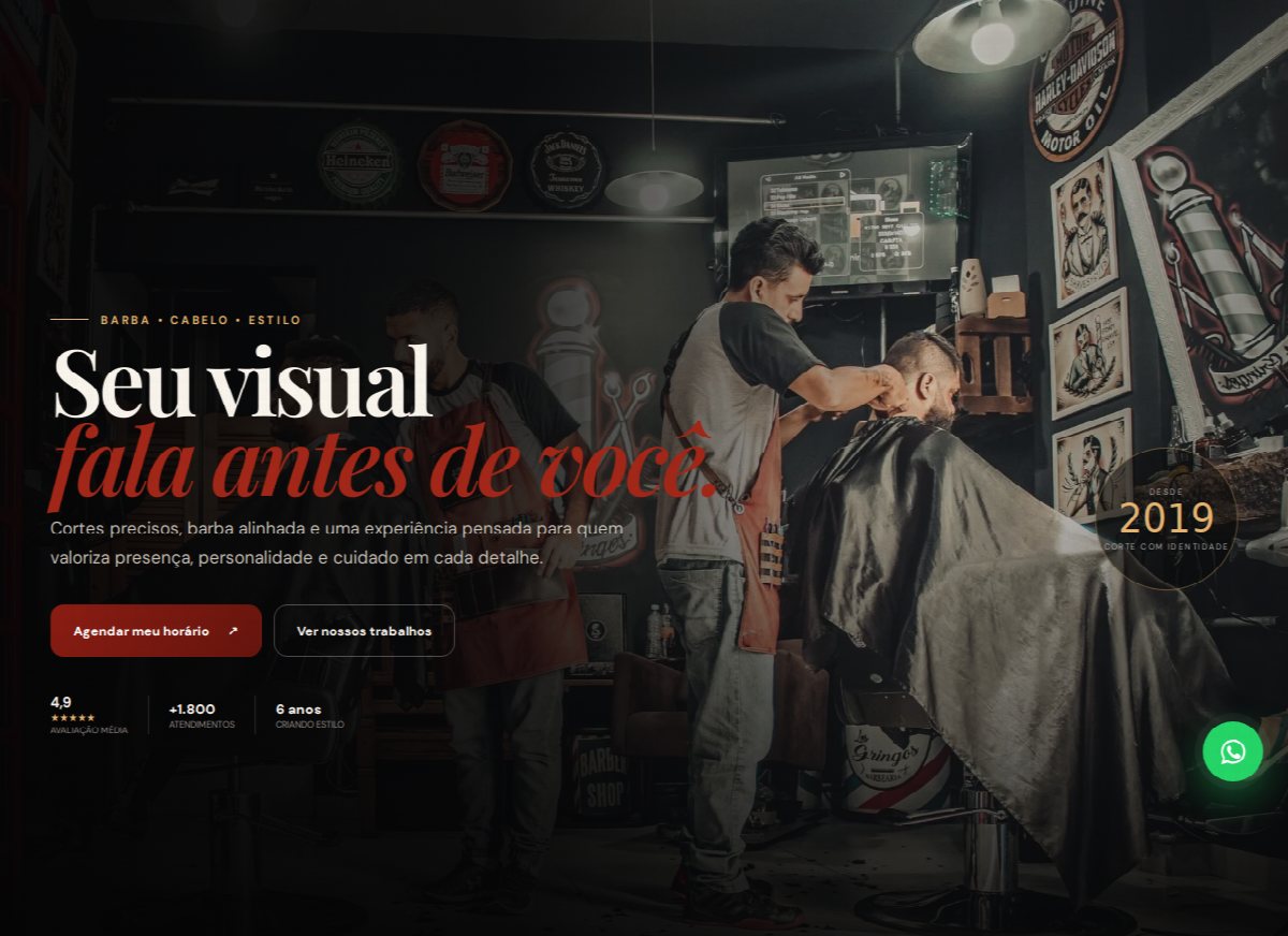 Página inicial de uma barbearia com foto do salão, avaliação, tempo de casa e botão Agendar meu horário