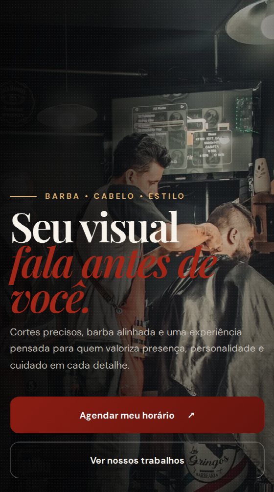 Página de uma barbearia aberta no celular, com o título 'Seu visual fala antes de você' e botões para agendar horário