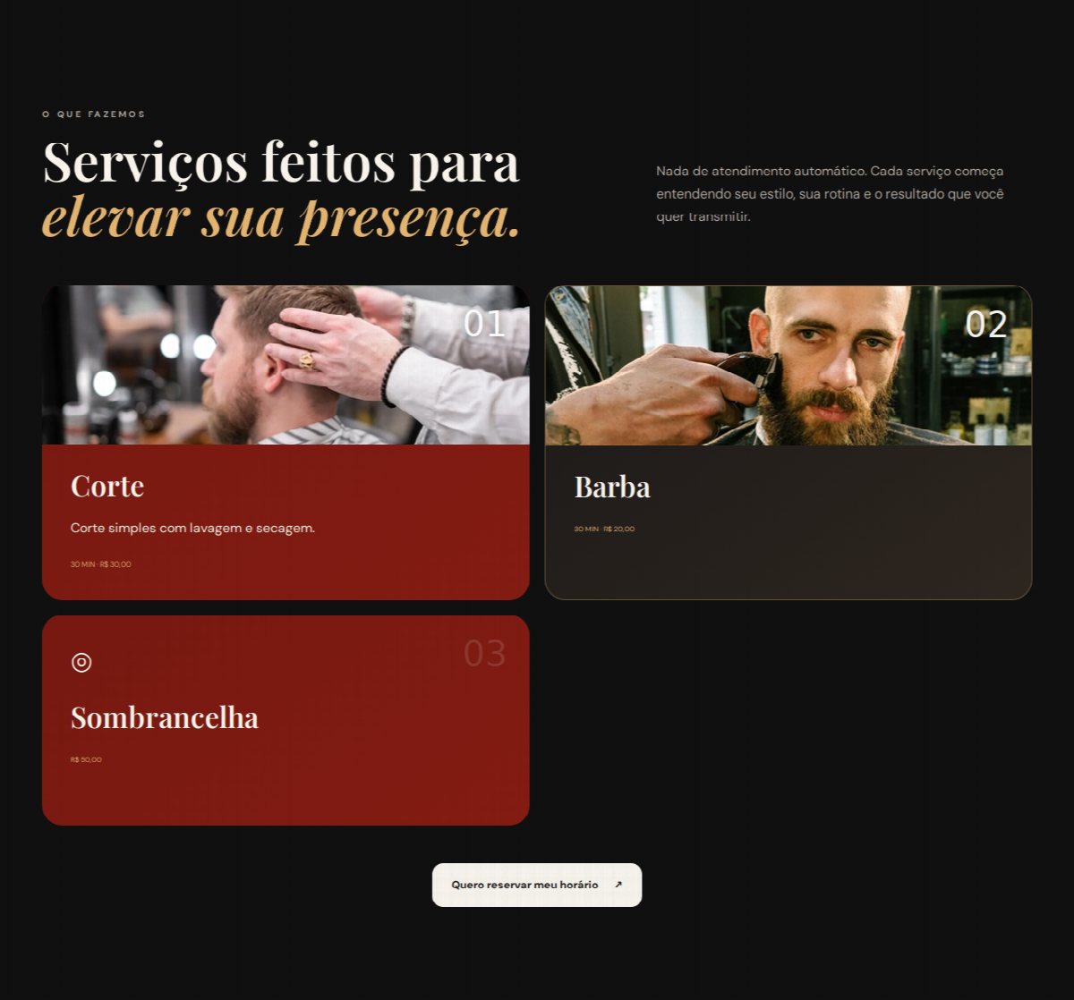 Seção de serviços da página da barbearia com Corte, Barba e Sobrancelha, cada um com duração e preço