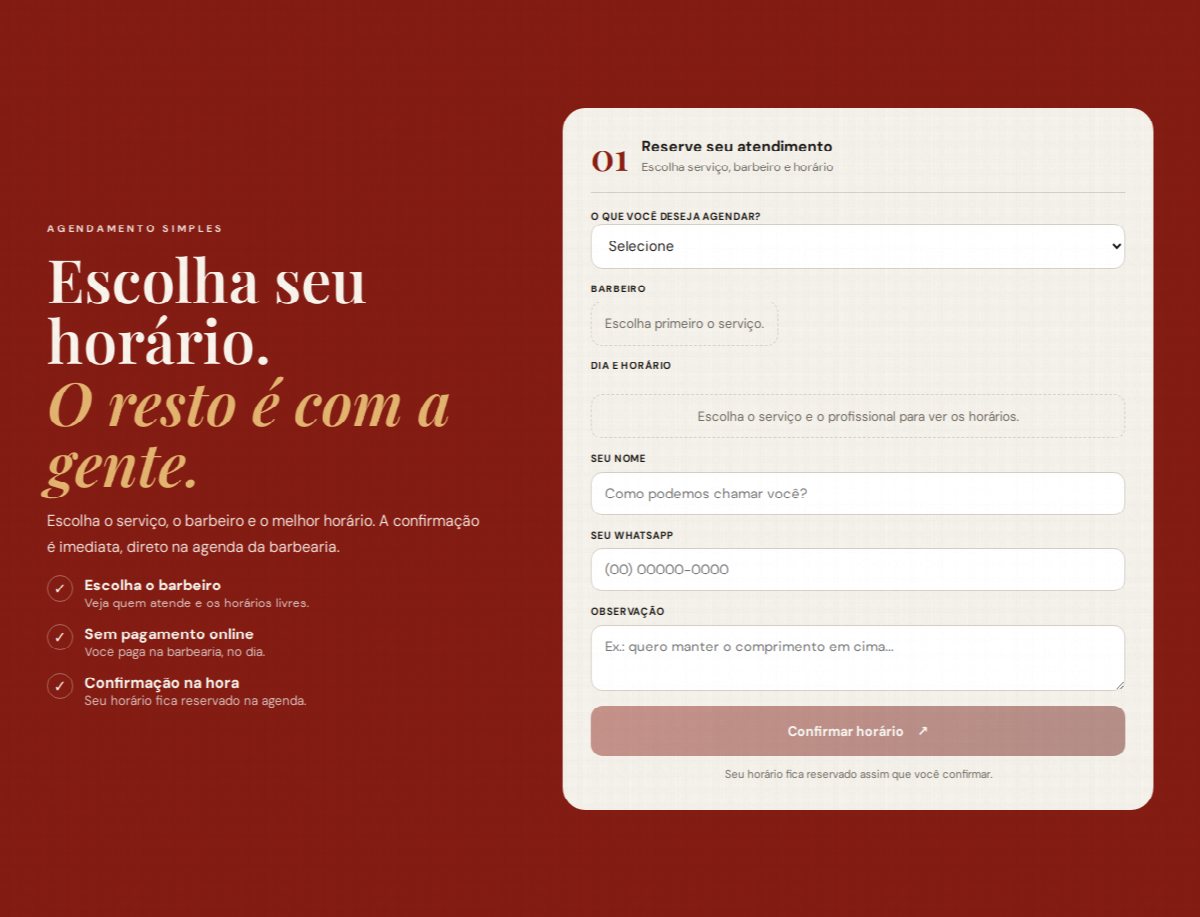 Formulário de agendamento da página da barbearia: serviço, barbeiro, dia e horário, nome e WhatsApp